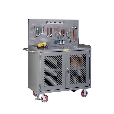 Little Giant Mobile Bench Cabinet, 36"W, 2 Perf Doors, Center Shelf, Pegboard, Steel MBP32D-36-FL-PB